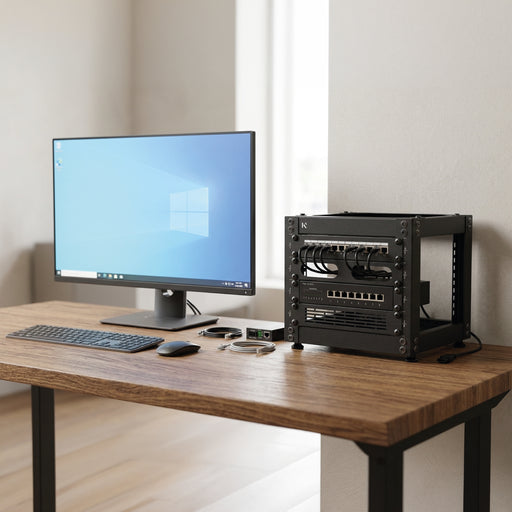 KKSB 10" 4U Open Rack Cabinet – on a desk next to a monitor in a home office
