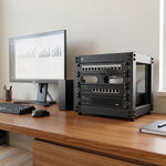 KKSB 10" 4U Open Rack Cabinet – on a desk next to a monitor showing charts