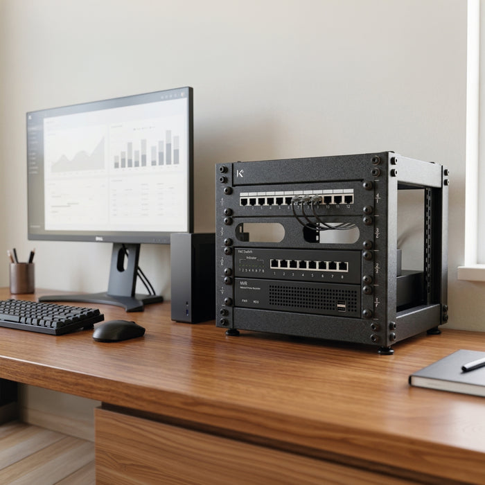 KKSB 10" 4U Open Rack Cabinet – on a desk next to a monitor showing charts