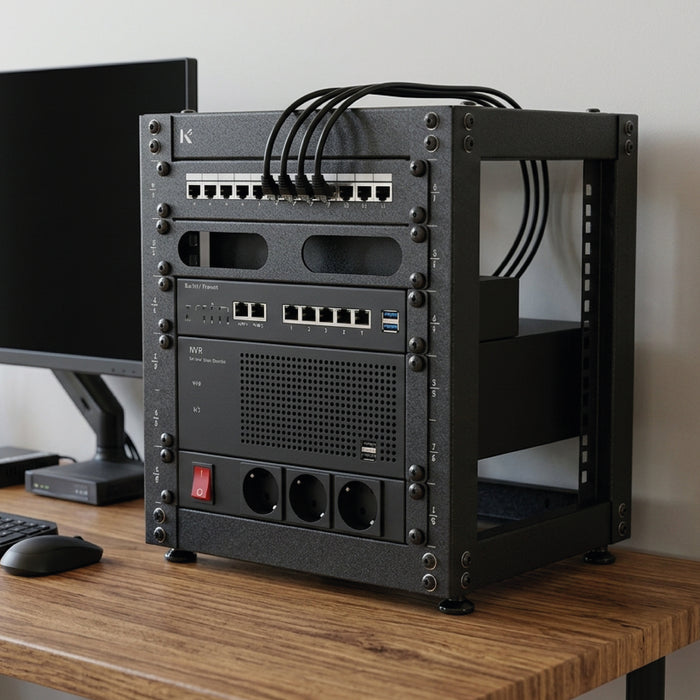 KKSB 10" 6U Open Rack Cabinet – on a desk fitted with switches and a power strip