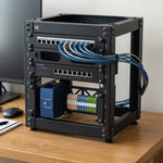 KKSB 10" 6U Open Rack Cabinet – on a desk fitted with DIN-rail modules and terminal blocks