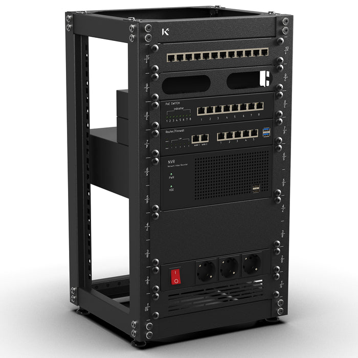 KKSB 10" 10U Open Rack Cabinet – fitted with network equipment, side angle view