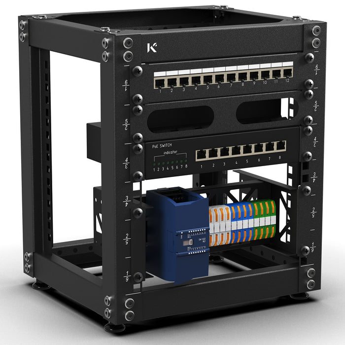 KKSB 10" 6U Open Rack Cabinet – fitted with DIN-rail modules and terminal blocks