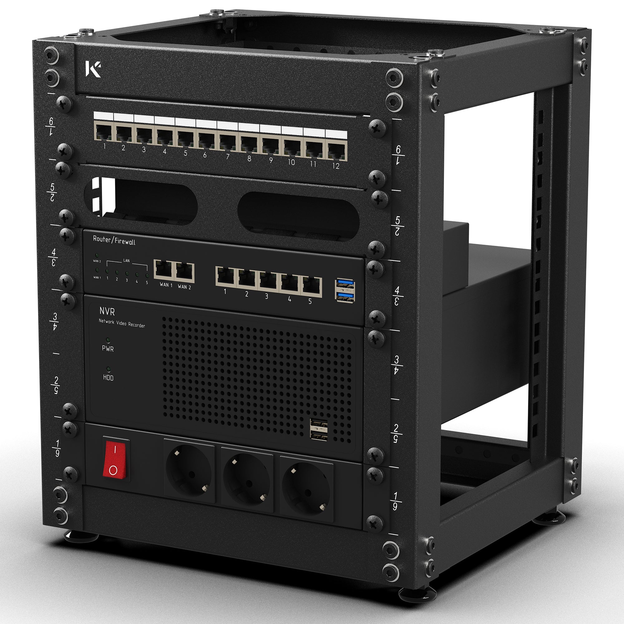 KKSB 10" 6U Open Rack Cabinet – fitted with patch panel, switches and power strip