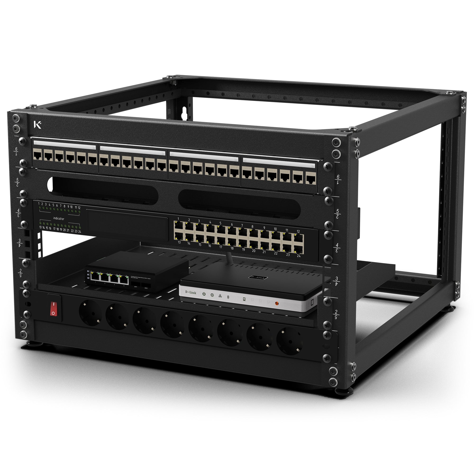 KKSB 19" 6U Open Rack Cabinet – fitted with patch panels, switches and power strip