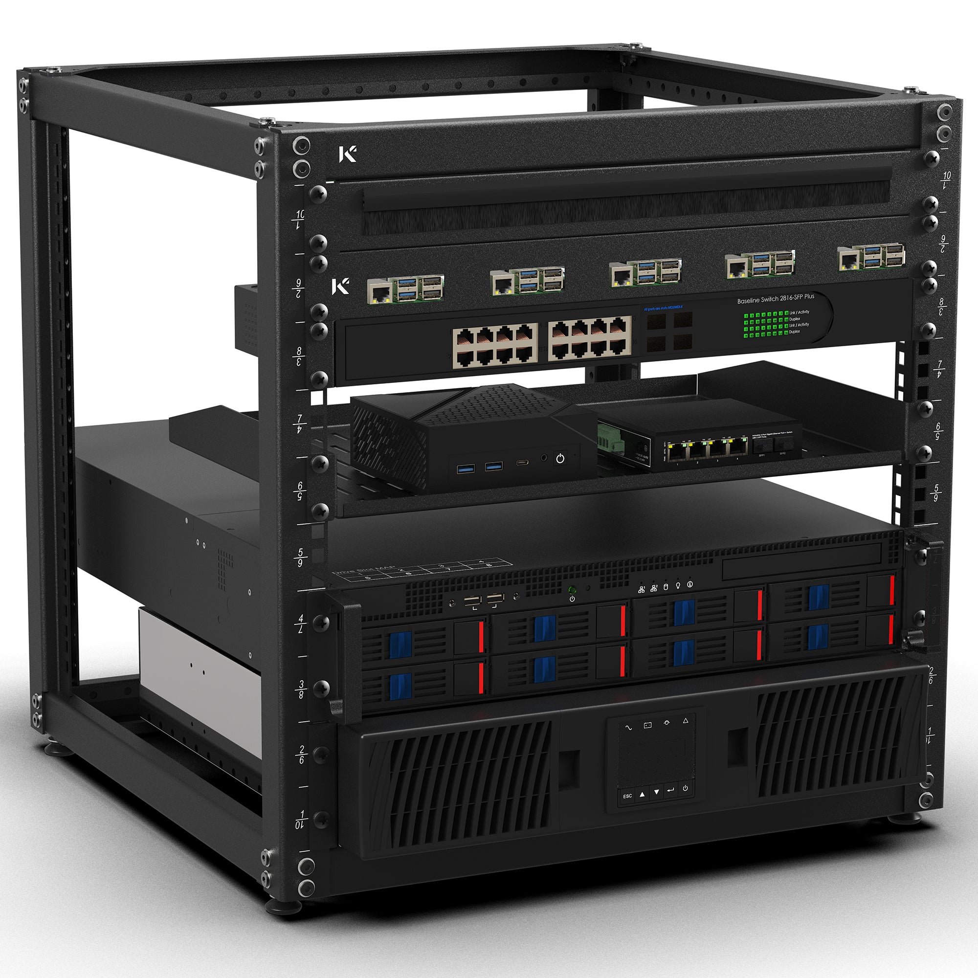 KKSB 19" 10U Open Rack Cabinet – fitted with network switch and rack equipment