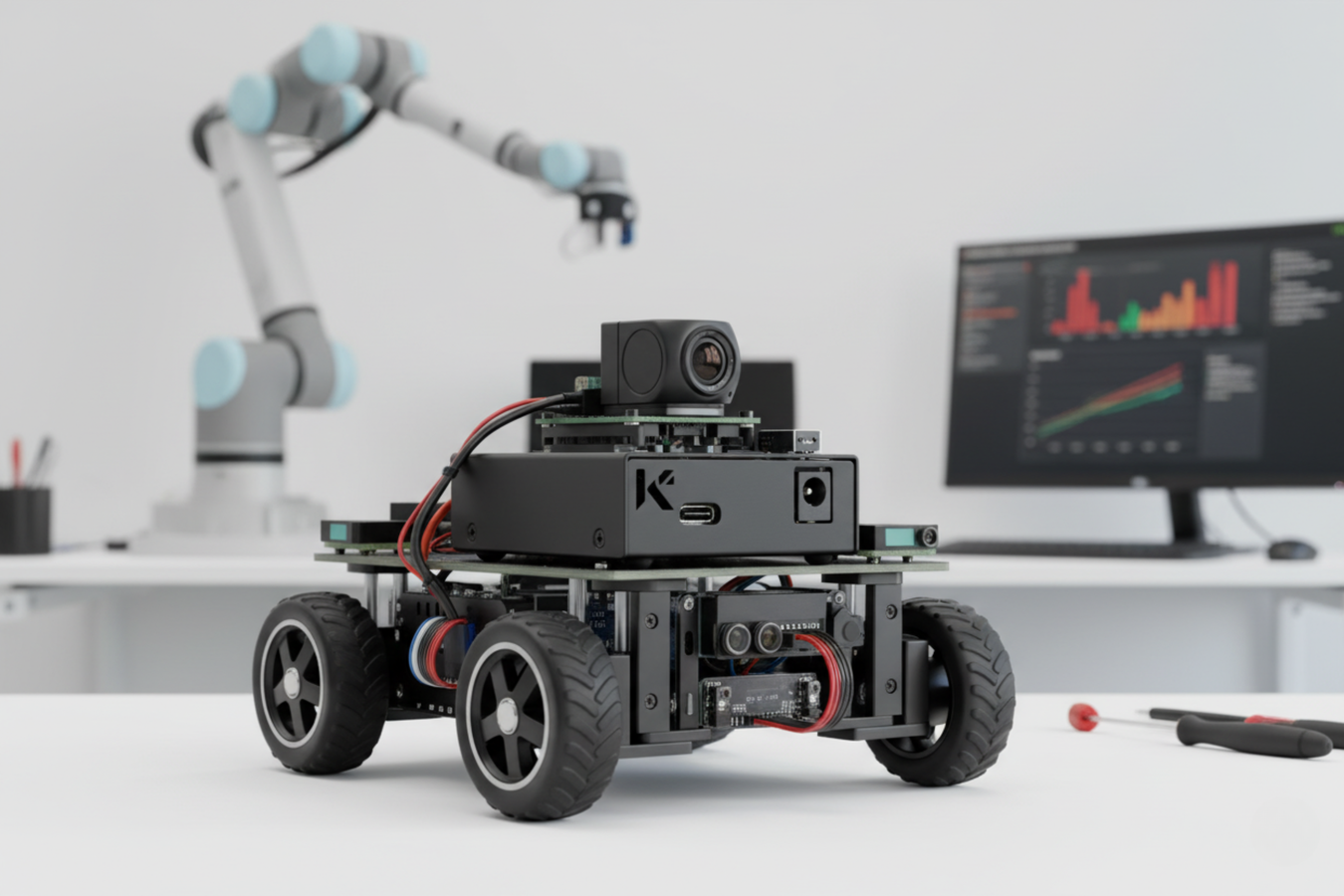 KKSB Arduino UNO R4 Aluminium Case – on a wheeled robot next to a robot arm