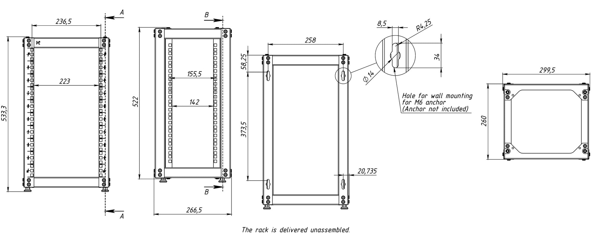 KKSB 10-inch 10U open rack cabinet dimension drawing
