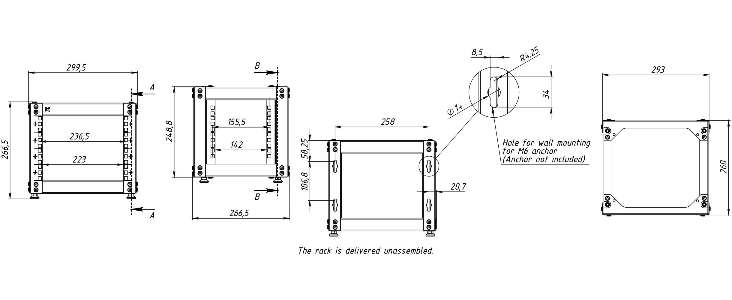 KKSB 10-inch 4U open rack cabinet dimension drawing