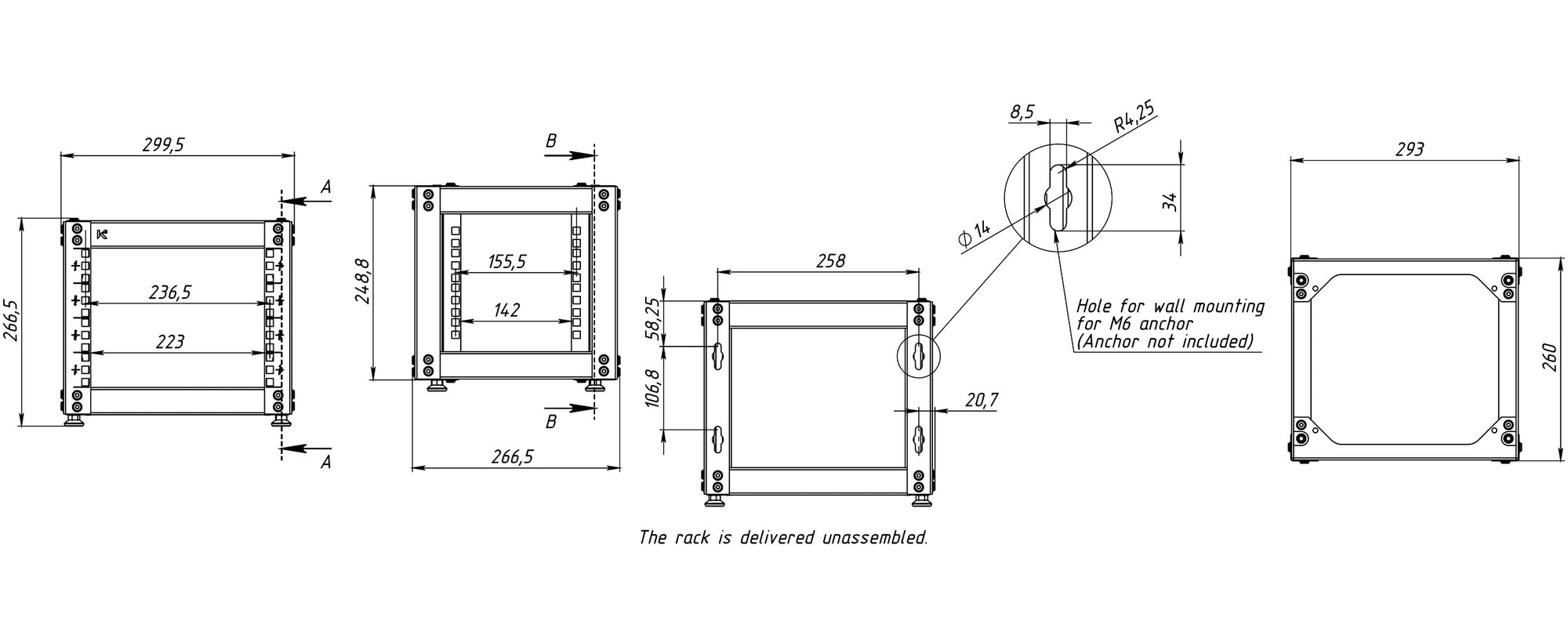 KKSB 10-inch 4U open rack cabinet dimension drawing