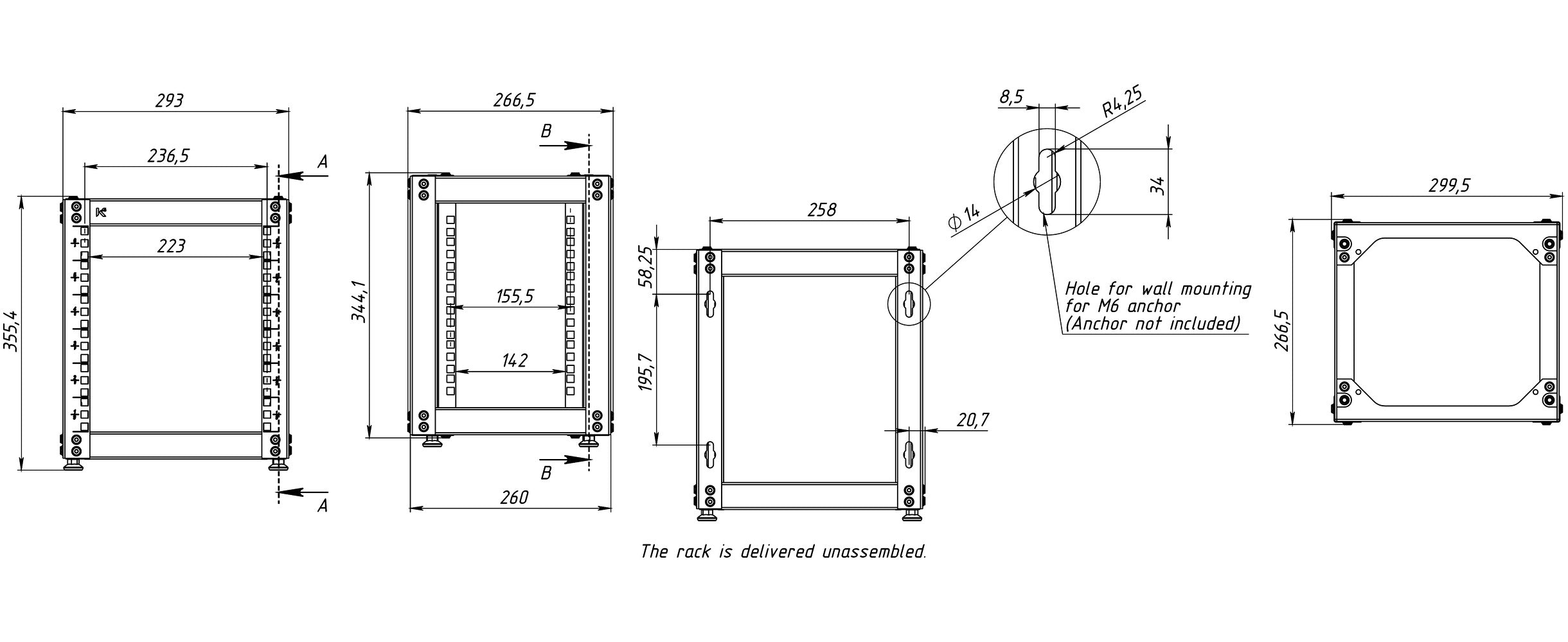 KKSB 10-inch 6U open rack cabinet dimension drawing